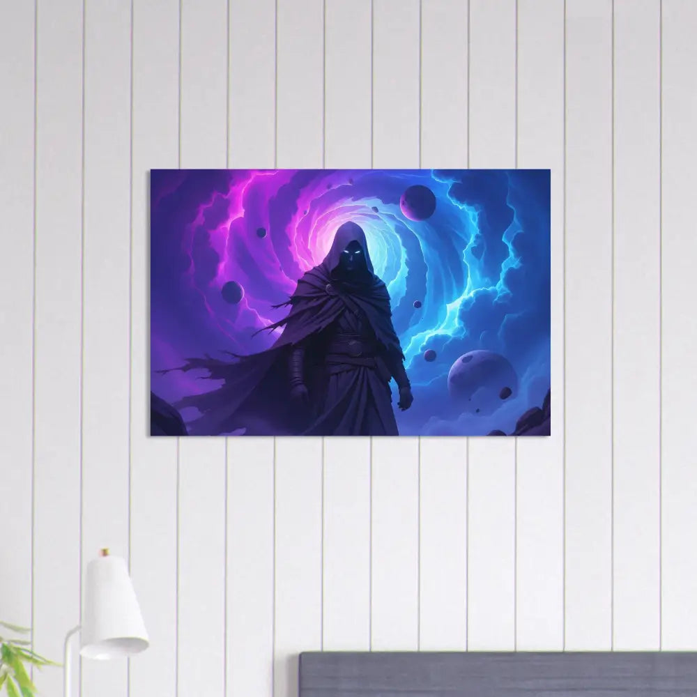 Fantasy art print featuring a cloaked cosmic figure for Aluminum Print Voidwalkers Gate