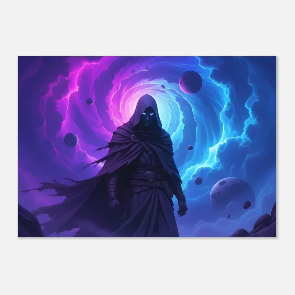 Hooded cloaked figure amidst vibrant cosmic swirl on Aluminum Print Voidwalkers Gate
