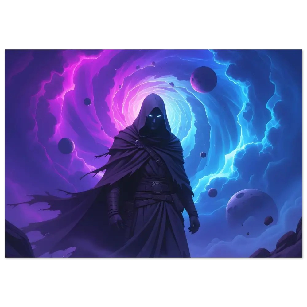Aluminum Print Voidwalker’s Gate Cosmic Art Hooded figure with glowing eyes