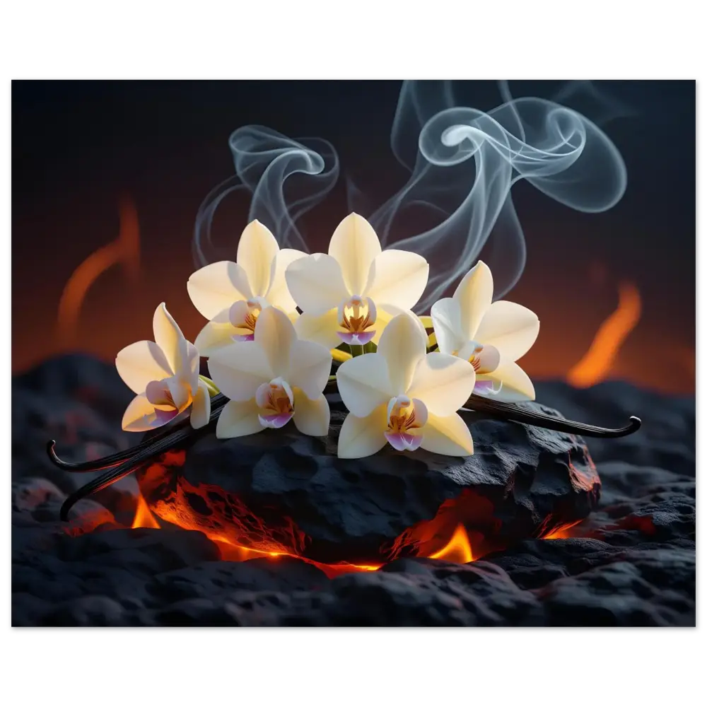 Vanilla orchids with smoke on Aluminum Print Volcanic Vanilla PixiOnyx Firebloom