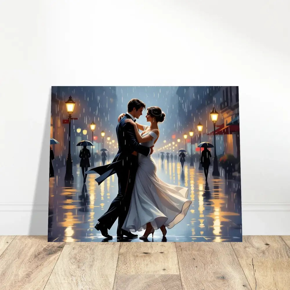 Romantic couple dancing in the rain on Aluminum Print Waltz in the Rain by PixiOnyx