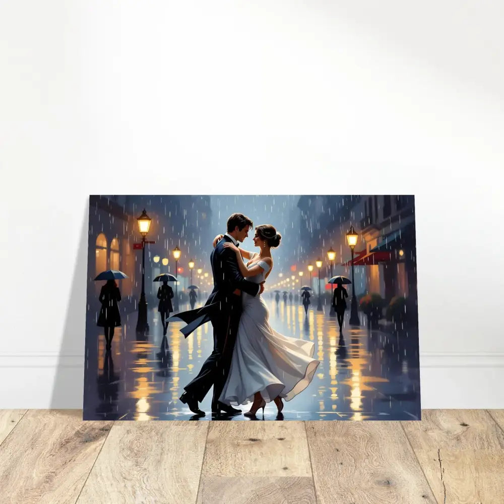 Romantic couple dancing in rain painting on Aluminum Print Waltz in the Rain PixiOnyx