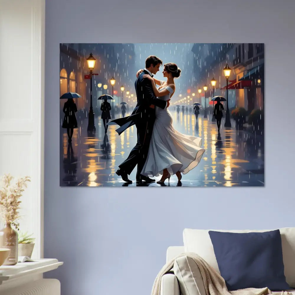 Romantic rainy street dance painting on Aluminum Print Waltz in the Rain by PixiOnyx