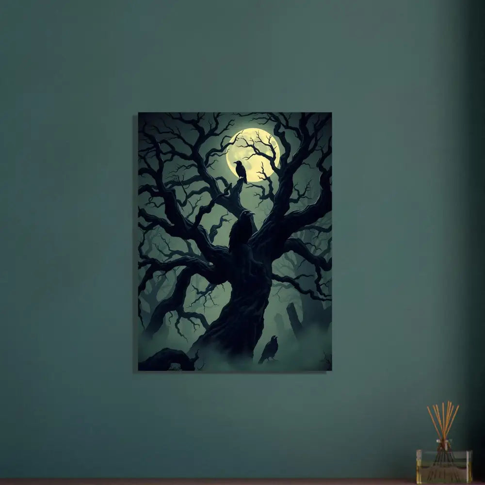 Aluminum Print Watcher of the Crooked Moon with spooky tree and ravens under a full moon