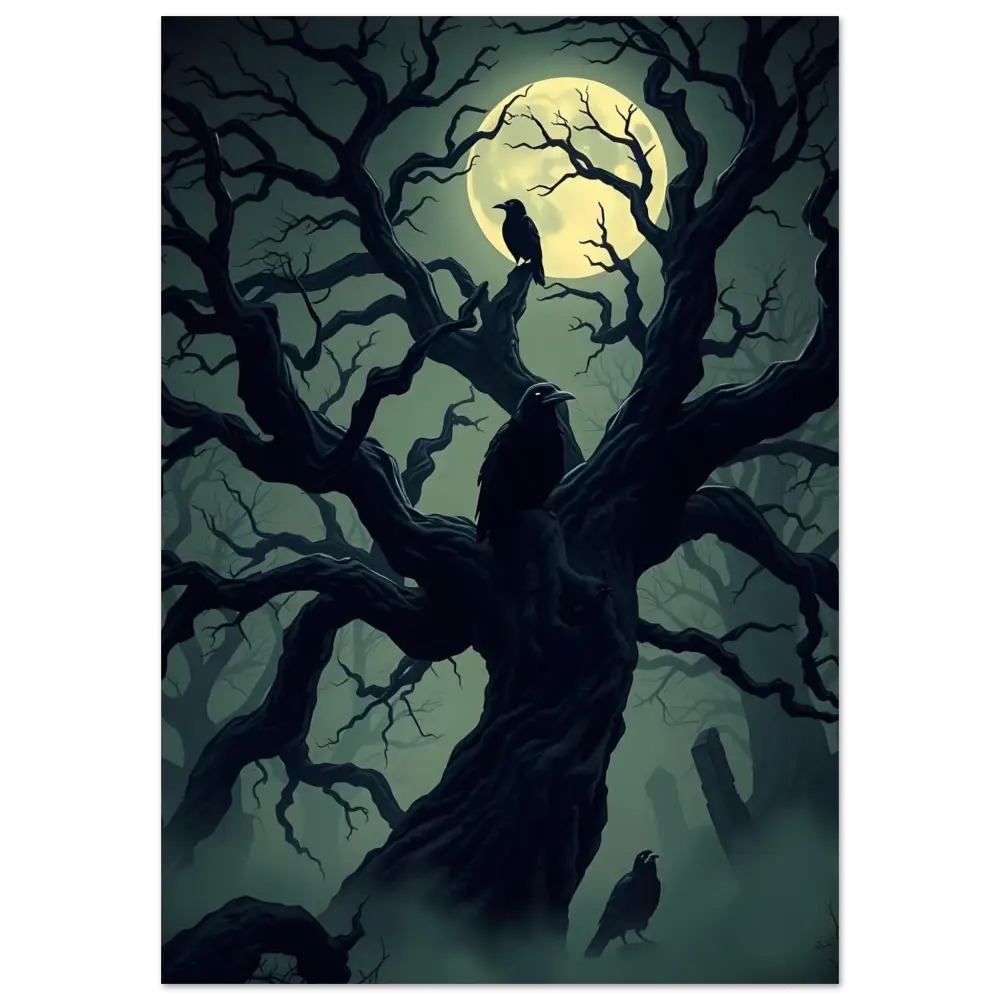 Eerie tree with ravens under a full moon on Aluminum Print Watcher of the Crooked Moon PixiOnyx Hollow Shine Series