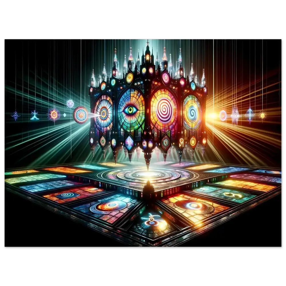 Ornate stained-glass cathedral displayed on Aluminum Shrine Print by PixiOnyx Radiant Metal Art