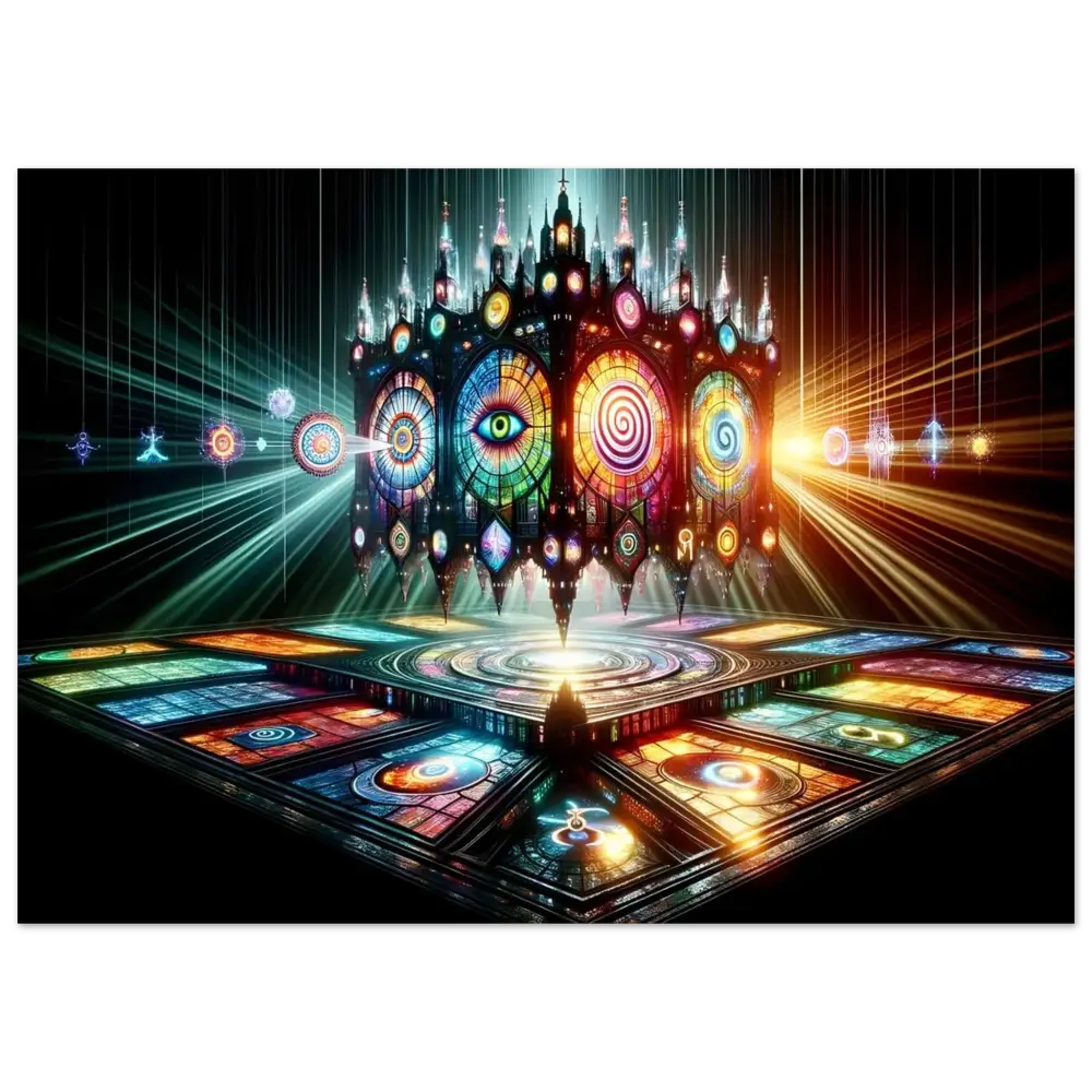 Ornate stained-glass cathedral design on Aluminum Shrine Print by PixiOnyx Radiant Metal Art