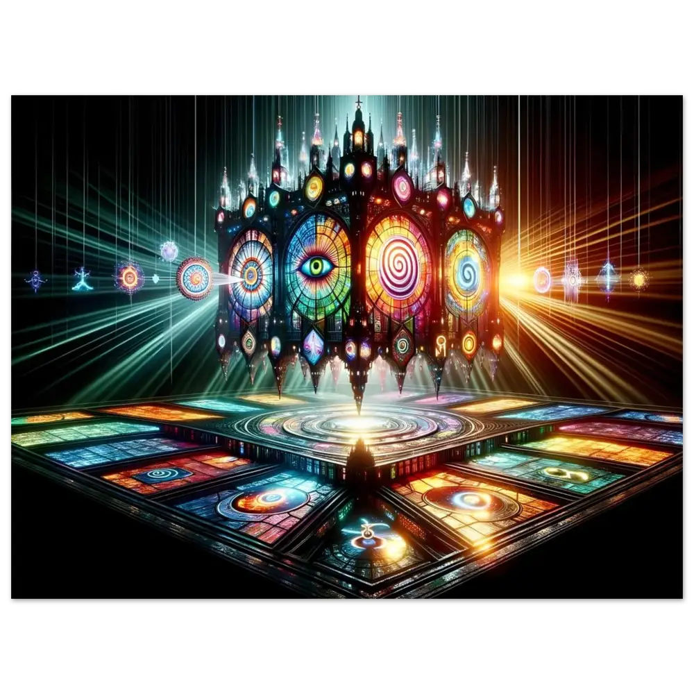 Ornate stained-glass cathedral cube displayed on Aluminum Shrine Print PixiOnyx Metal Art
