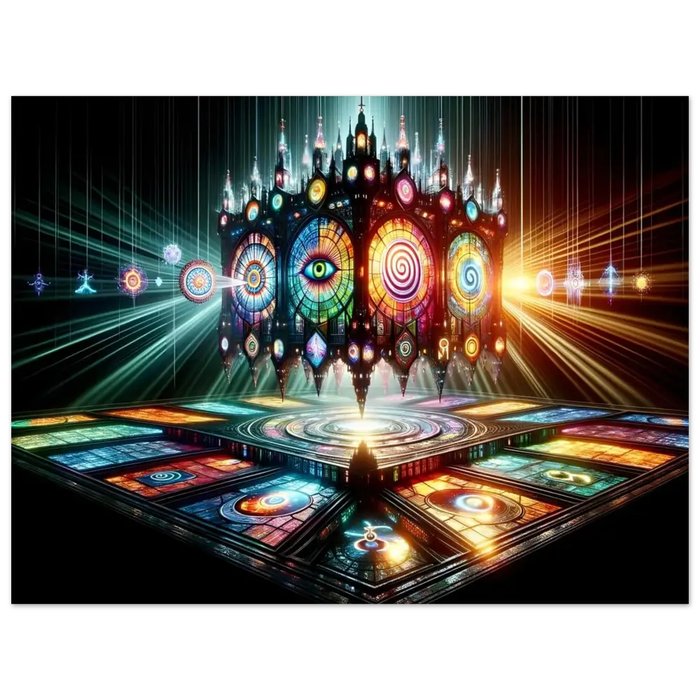 Ornate stained-glass cathedral structure featured in Aluminum Shrine Print by PixiOnyx