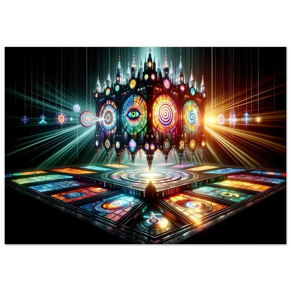 Colorful stained-glass cathedral silhouette on Aluminum Shrine Print by PixiOnyx Radiant Metal Art