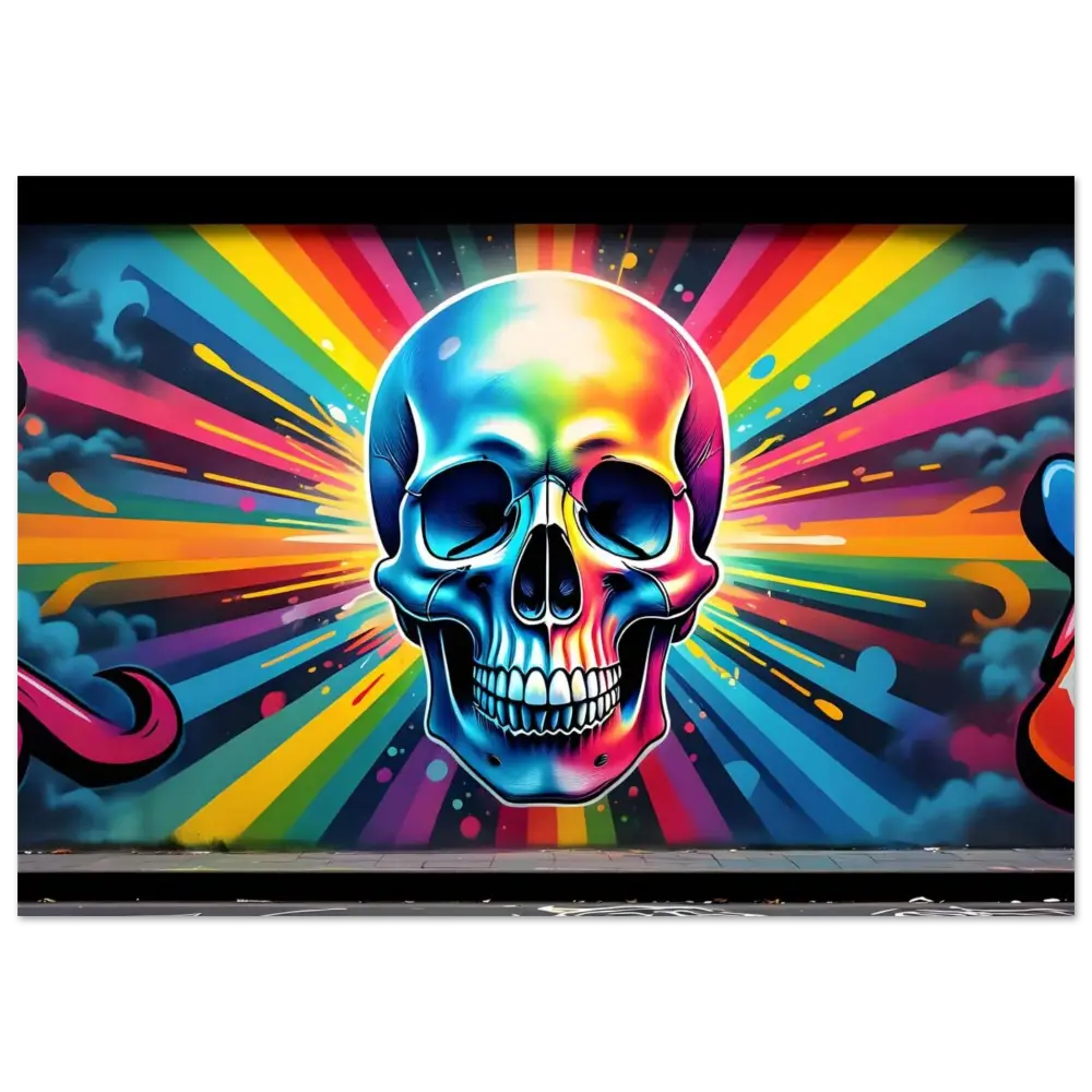 Rainbow-colored skull graffiti artwork on glossy Aluminum Skullburst Print metal wall art