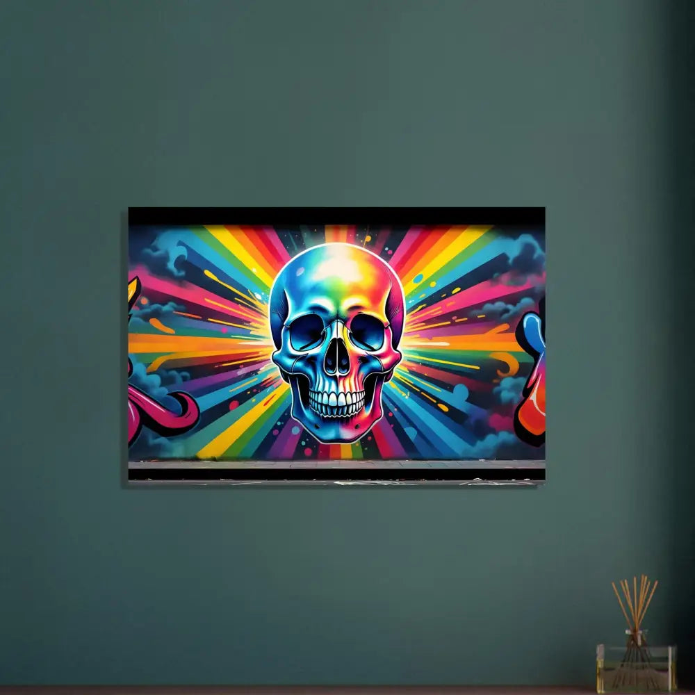 Colorful skull graffiti art displayed on PixiOnyx Aluminum Skullburst Print wall decor