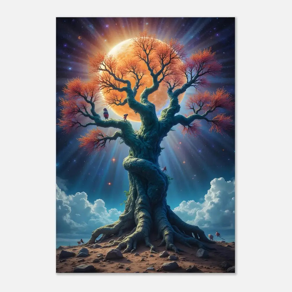 Aluminum Tree of Light Print Cosmic Roots featuring a majestic tree with orange leaves and celestial backdrop