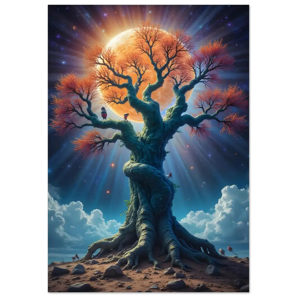 Majestic tree with radiant orange foliage on Aluminum Tree of Light Print Cosmic Roots Metal Wall Art