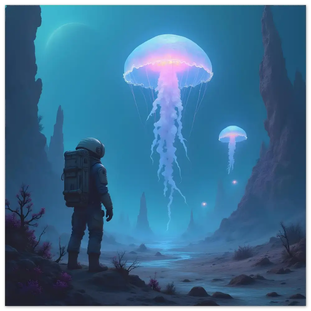 Glowing jellyfish floating above an astronaut on Aluminum Wall Art Deep Drift Encounter PixiOnyx