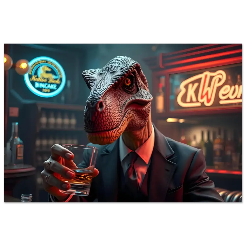 Dinosaur in a suit holding whiskey glass displayed on Aluminum Wall Art Whiskey Raptor After Hours