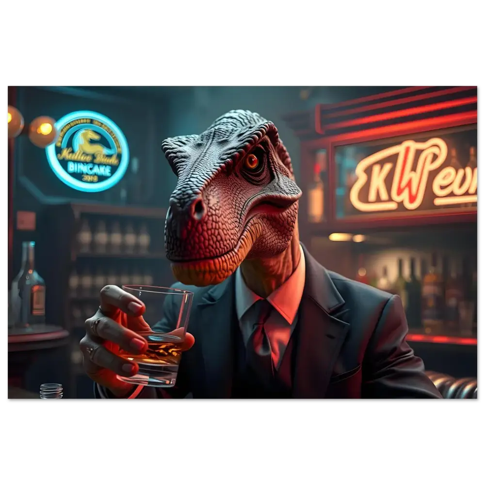 Dinosaur in a suit holding a drink displayed on Aluminum Wall Art Whiskey Raptor After Hours