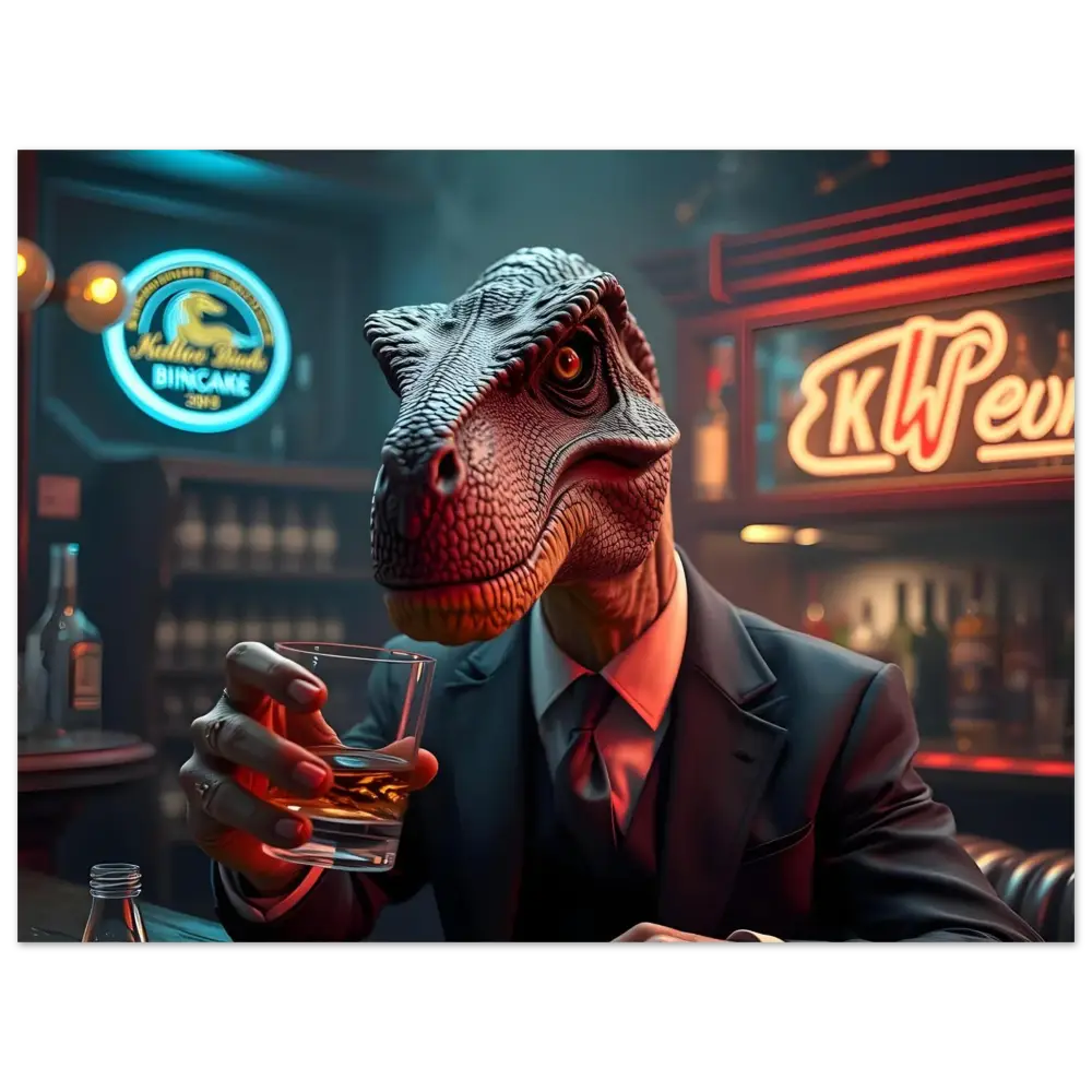 Dinosaur in suit holding a drink displayed on Aluminum Wall Art Whiskey Raptor After Hours