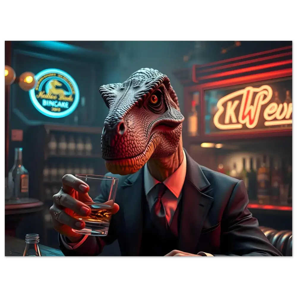 Dinosaur in suit drinking whiskey displayed on Aluminum Wall Art Whiskey Raptor After Hours