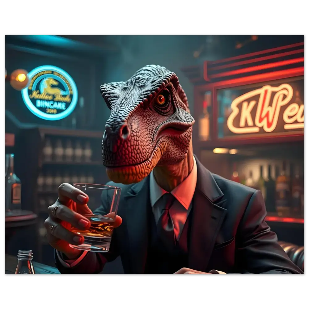 Dinosaur in a suit holding a glass of whiskey aluminum wall art Whiskey Raptor After Hours