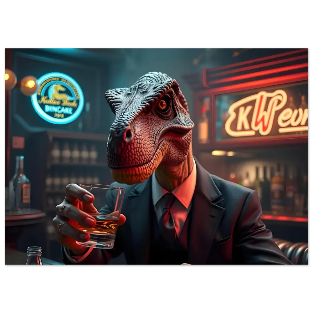 Dinosaur in a suit drinking whiskey artwork for Aluminum Wall Art Whiskey Raptor After Hours
