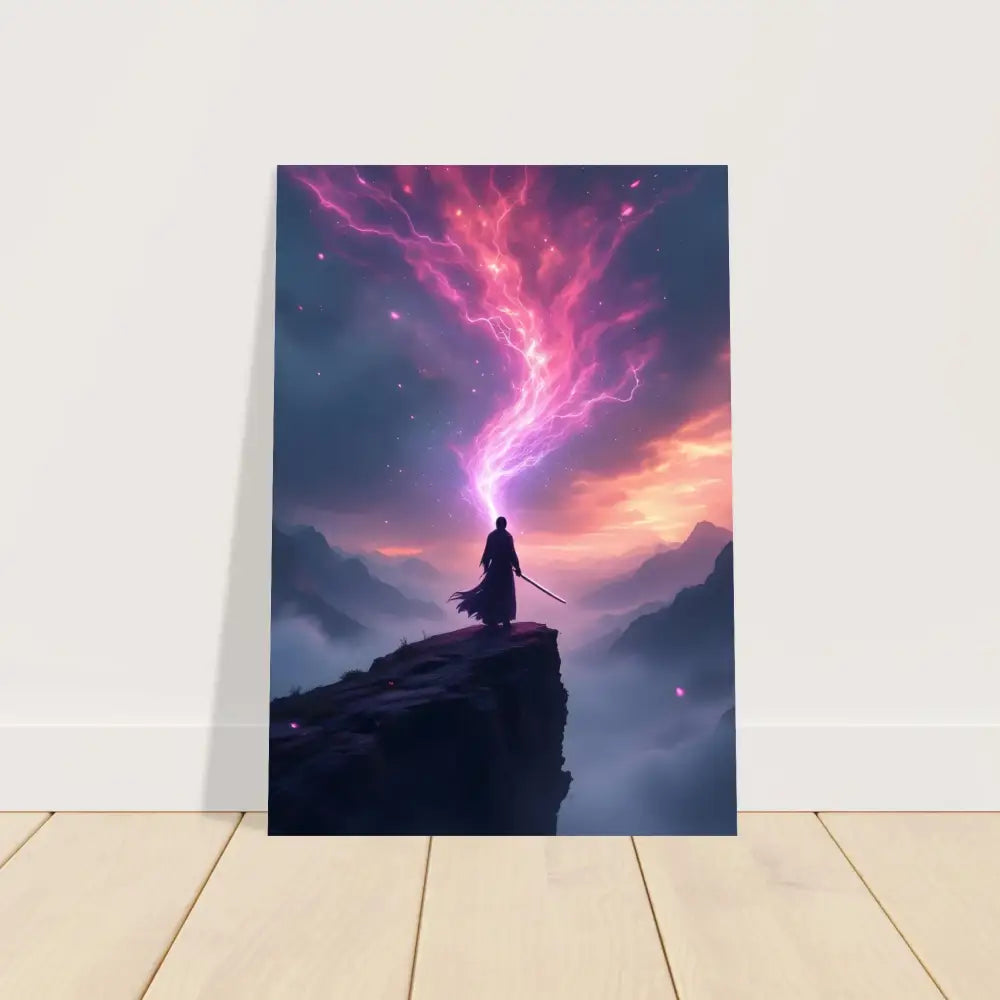Fantasy art print of a warrior on a cosmic cliff featuring PixiOnyx Blade of Light Panel