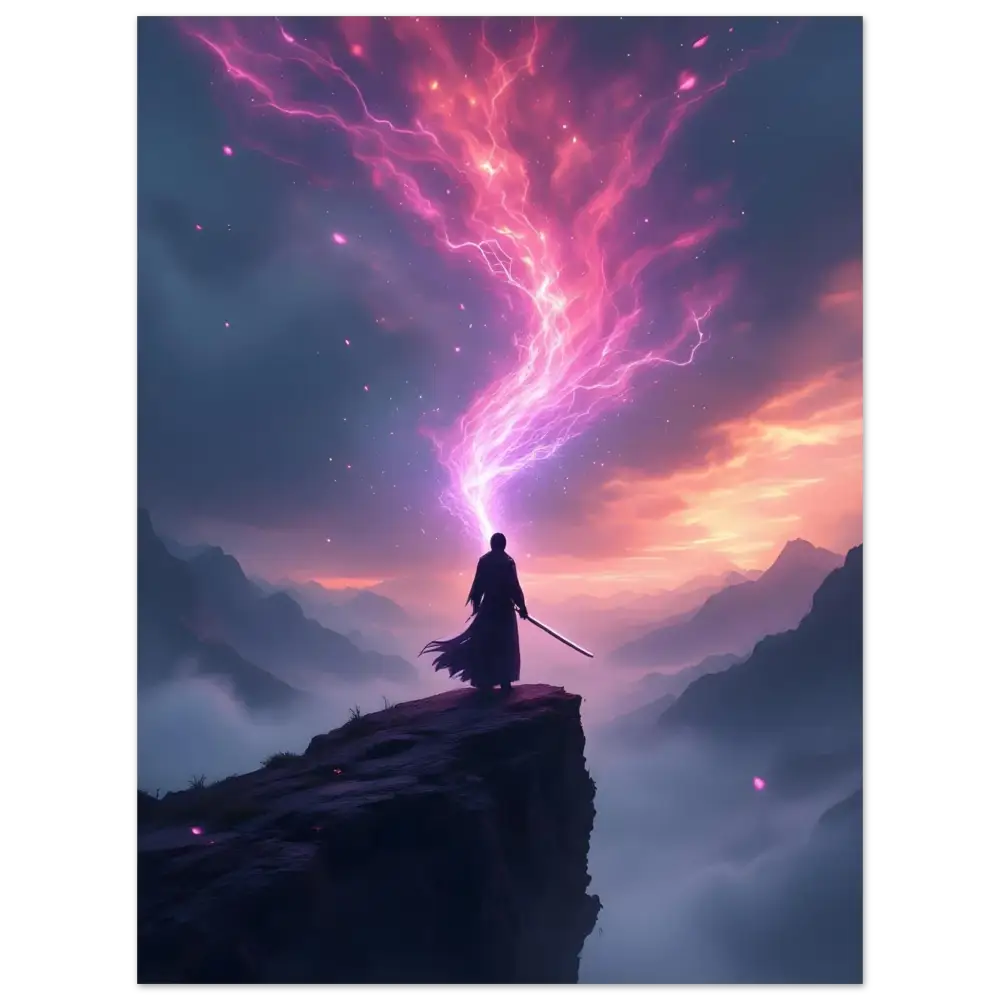 Mystical warrior with pink lightning on Aluminum Warrior Print Cosmic Cliff PixiOnyx Panel