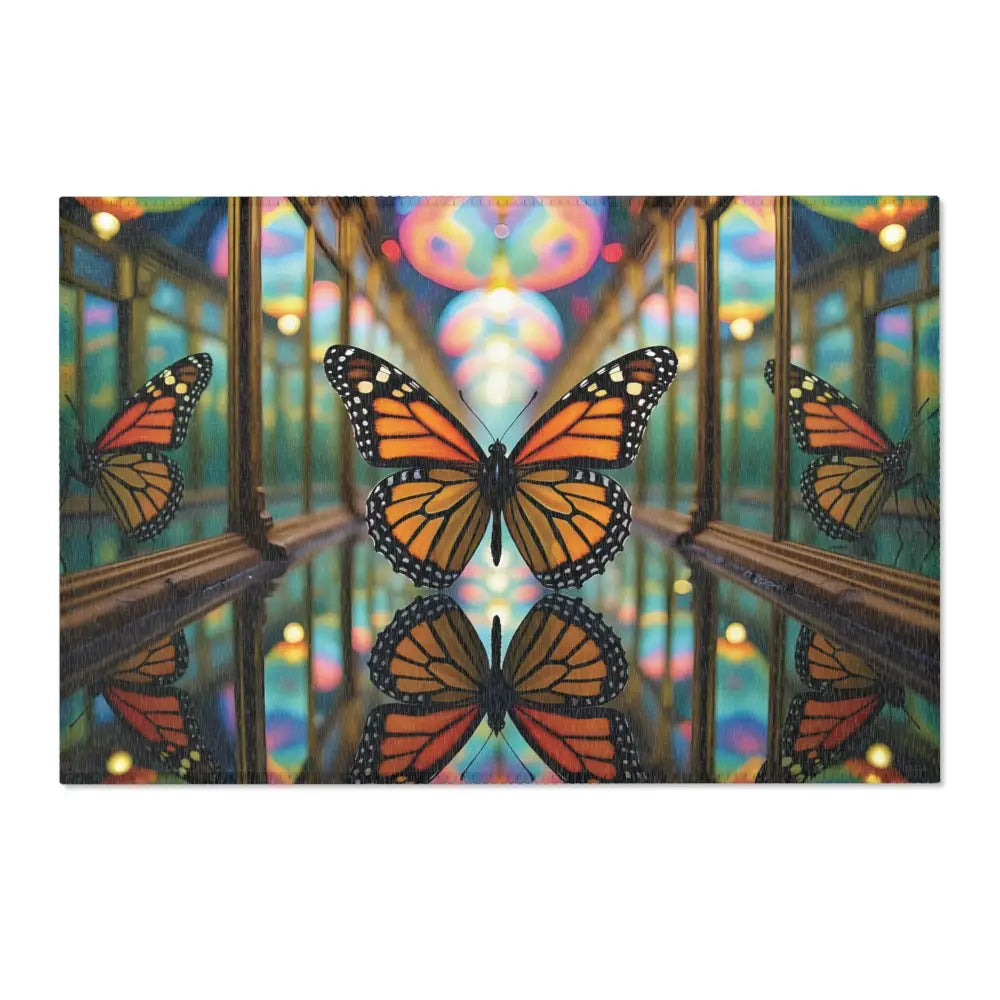 Butterfly reflection art on PixiOnyx Kaleidoscopic Floor Art area rug