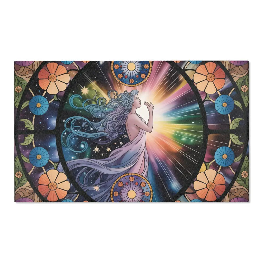 Stained glass-style rug featuring a celestial woman design for Cosmic Floor Accent