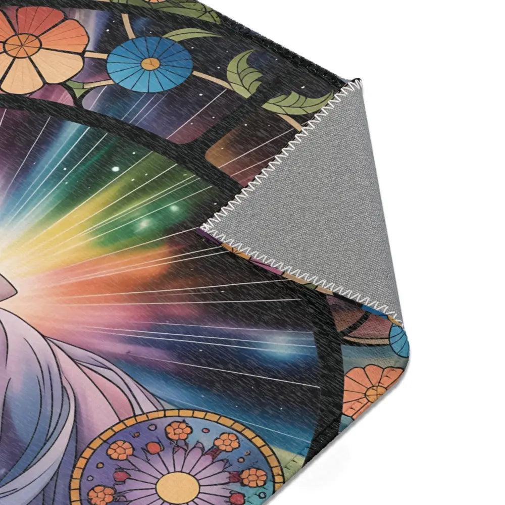 Colorful floral and celestial patterned rug from PixiOnyx Celestial Bloom collection