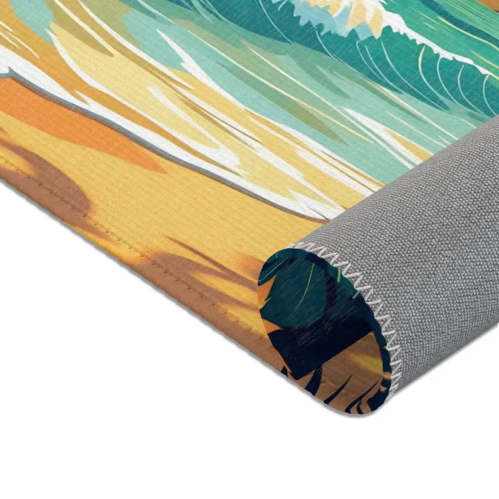 Beach-themed area rug with tropical beach scene from PixiOnyx Coastal Escape Floor Art