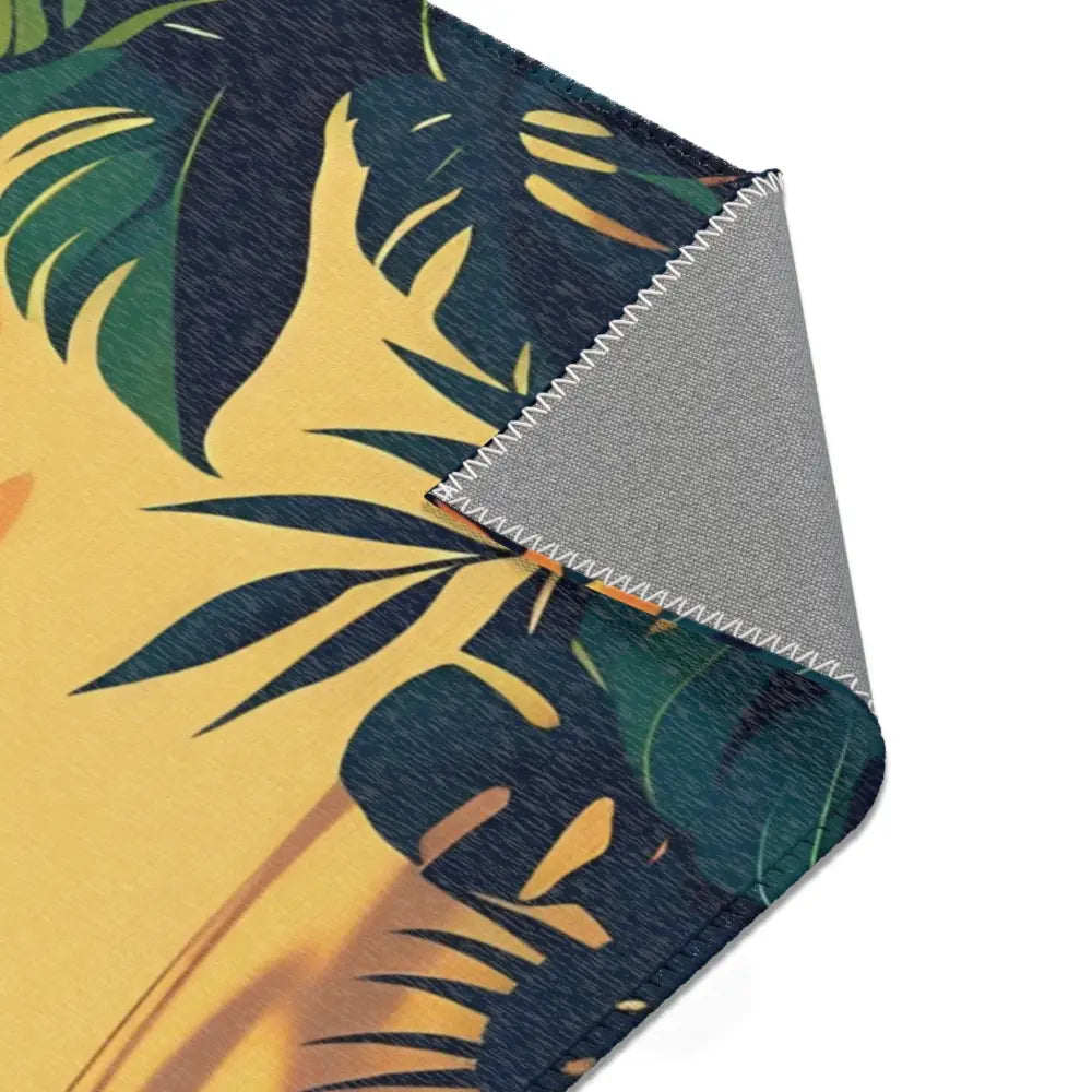 Tropical-themed area rug from PixiOnyx Coastal Escape Floor Art featuring beach and palm designs