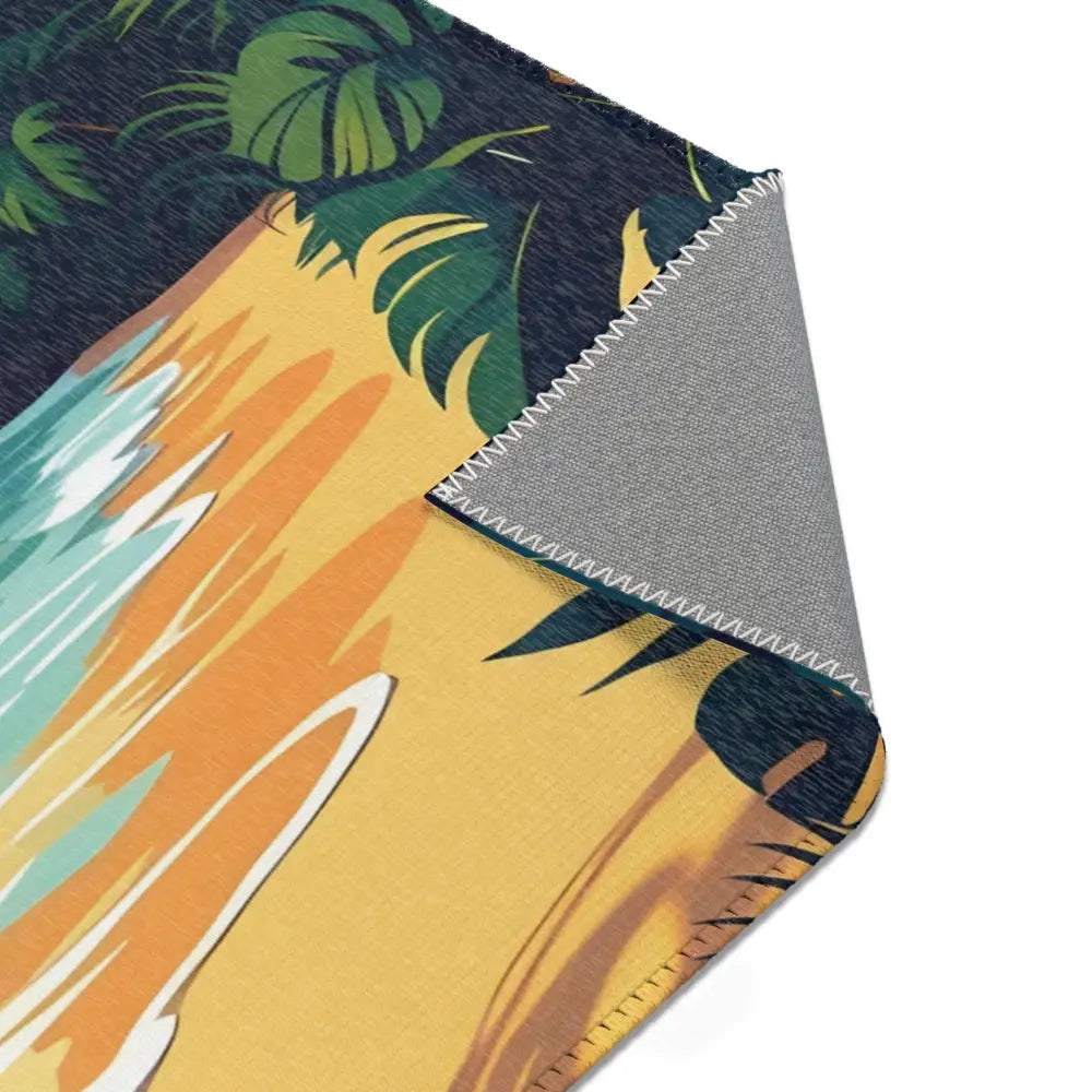 Tropical-themed area rug from PixiOnyx Coastal Escape Floor Art featuring beach and palm designs