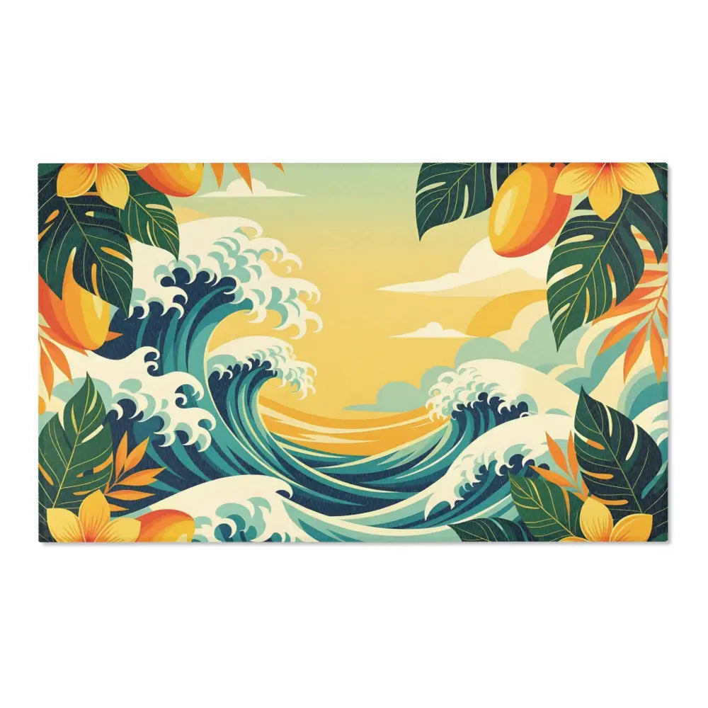 Tropical wave art on coastal-themed area rug with vibrant ocean-inspired design