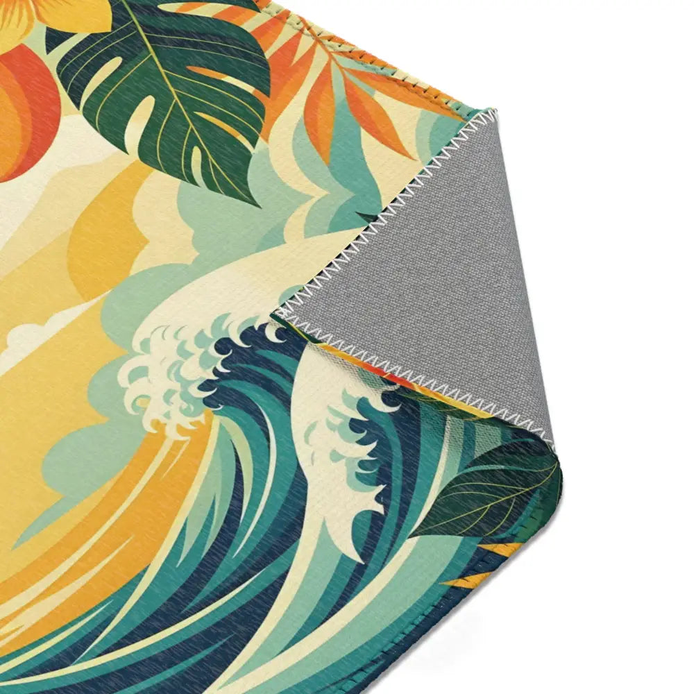 Tropical-themed area rug with wave design from PixiOnyx Coastal Dreamscape collection