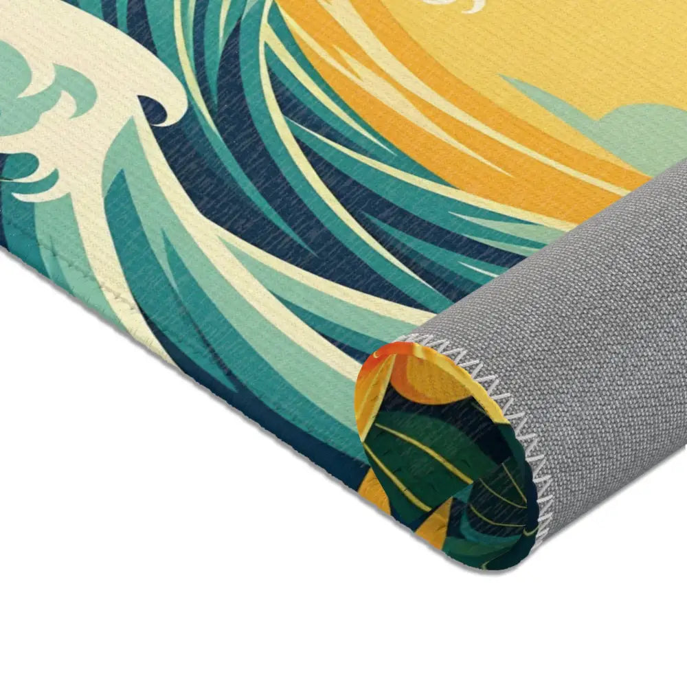 Rolled-up decorative tropical wave area rug from PixiOnyx Coastal Dreamscape collection