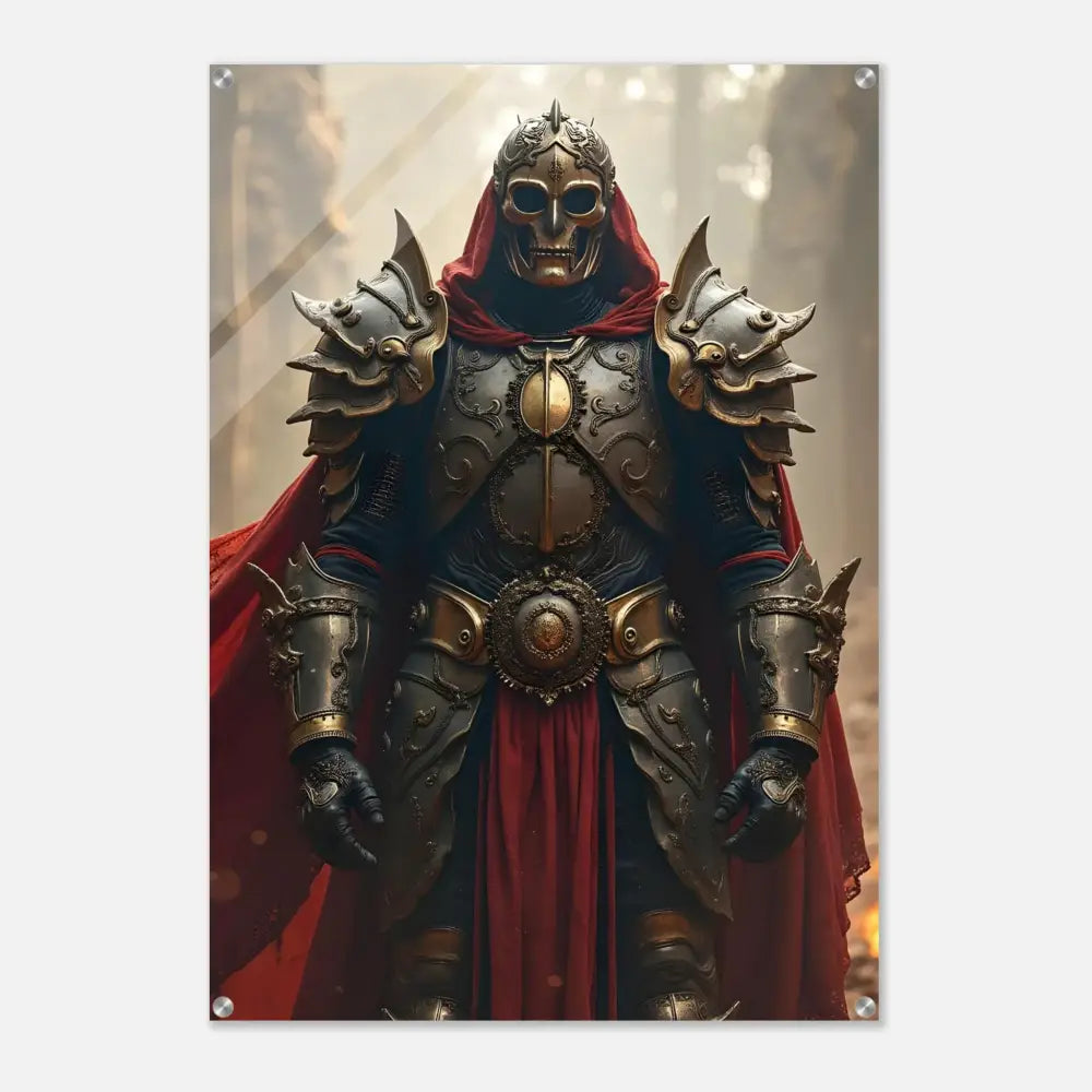 Ornate skeletal knight in armor displayed on Armoured Warrior Acrylic Print Steel Oath PixiOnyx Glassblade Series