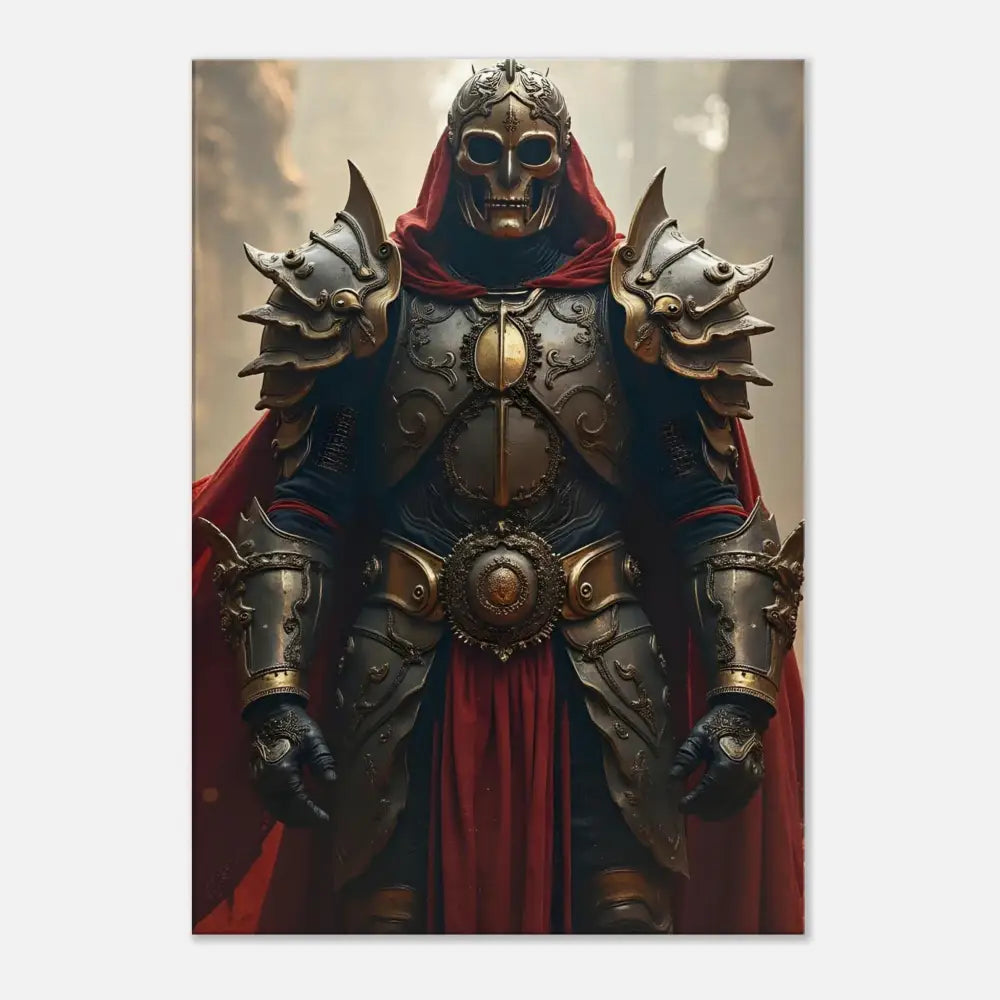 Ornate skull-masked knight in detailed armor displayed in Armoured Warrior Canvas Steel Oath PixiOnyx Battlelord Wall Art