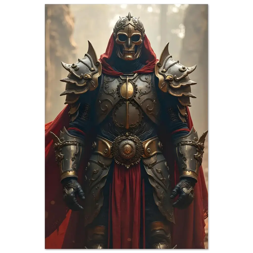 Ornate skull-masked knight armor displayed on Armoured Warrior Metal Print Steel Oath PixiOnyx