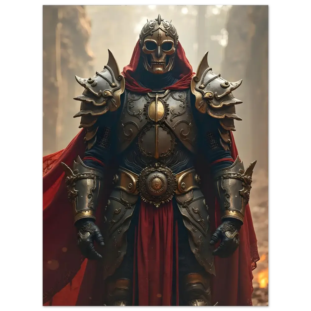 Ornate skull-masked knight in armor displayed on Armoured Warrior Metal Print Steel Oath