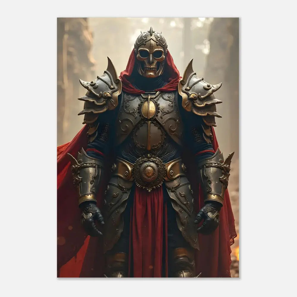 Ornate skull-faced knight in armor with red cape on Armoured Warrior Poster by PixiOnyx