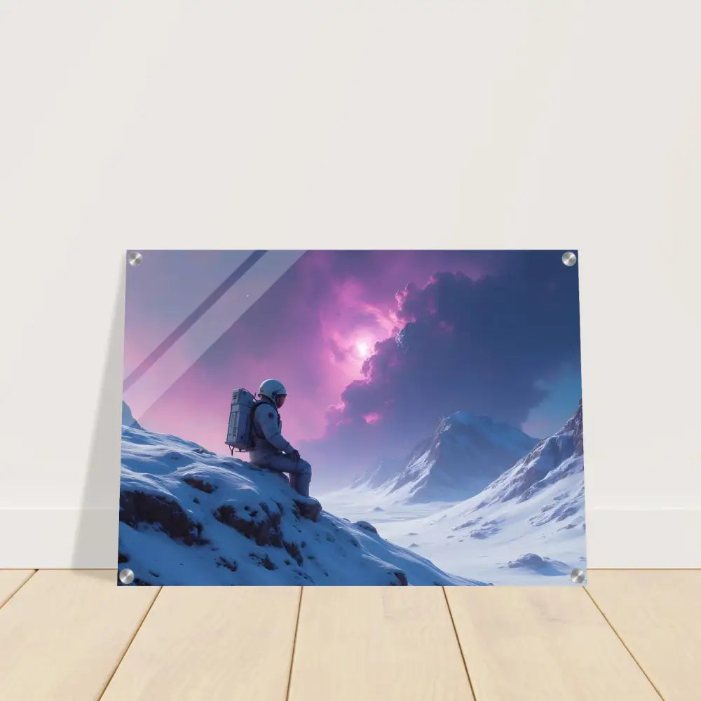 Astronaut contemplating a snowy glacial landscape acrylic print displayed in PixiOnyx collection