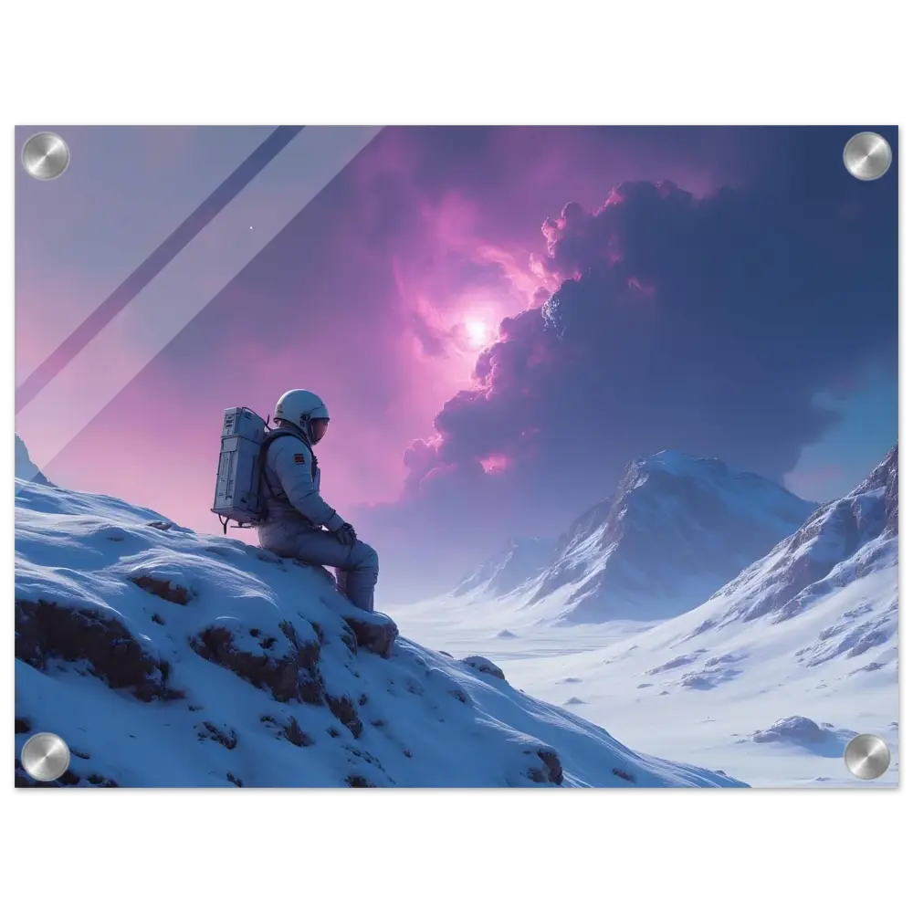 Framed astronaut landscape print titled Void Solitude on PixiOnyx Glacial Dreamscape Display
