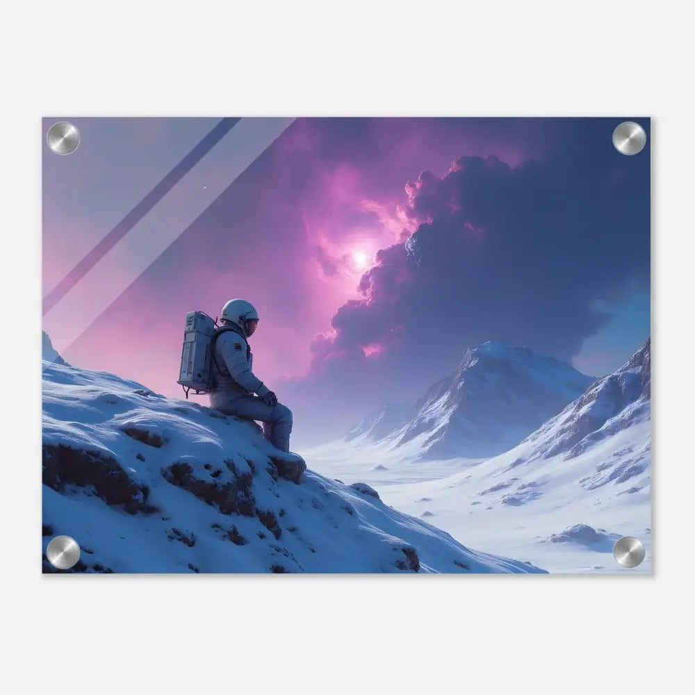 Astronaut contemplating a snowy landscape on the PixiOnyx Glacial Dreamscape Acrylic Print