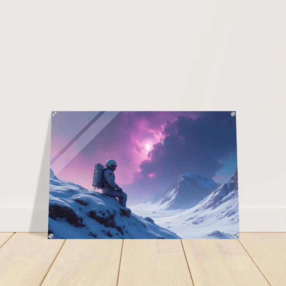 Framed astronaut mountain scene acrylic print titled Void Solitude by PixiOnyx