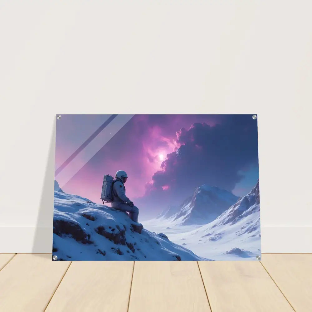 Framed astronaut mountain scene acrylic print called Void Solitude by PixiOnyx