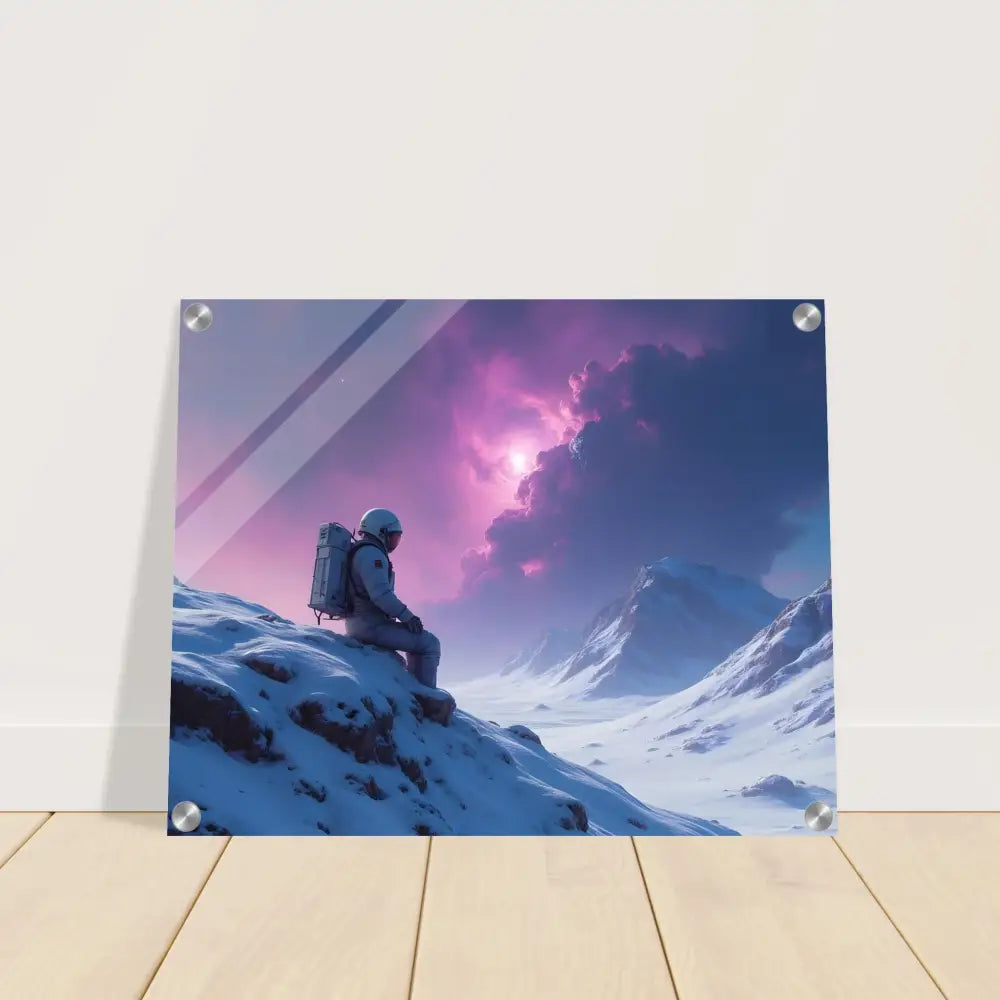 Acrylic print of astronaut in snowy landscape artwork displayed in Void Solitude collection