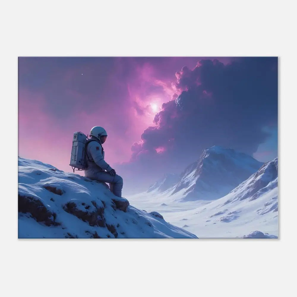Astronaut sitting on snowy peak, featured in PixiOnyx Cosmic Wall Print artwork