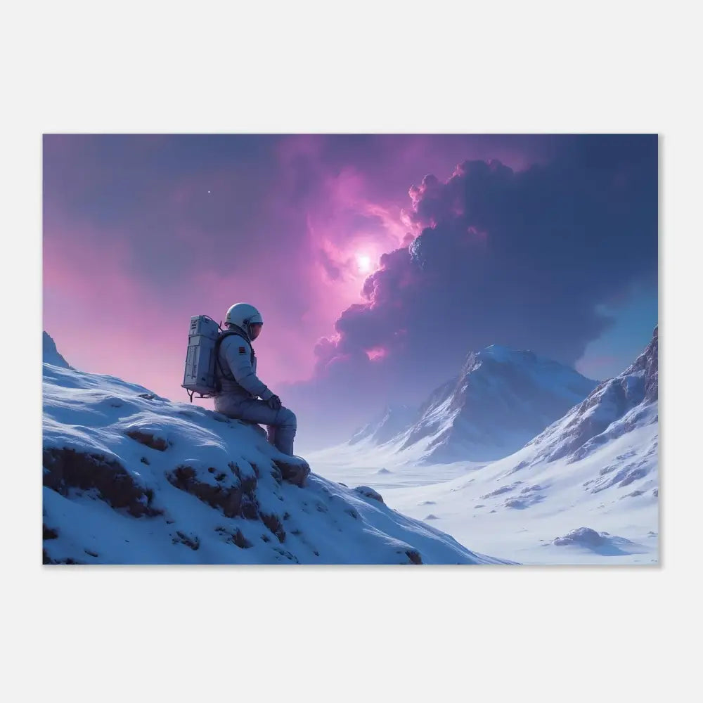 Astronaut sitting on snowy mountain for PixiOnyx Sci-Fi Brilliance Panel Metal Print