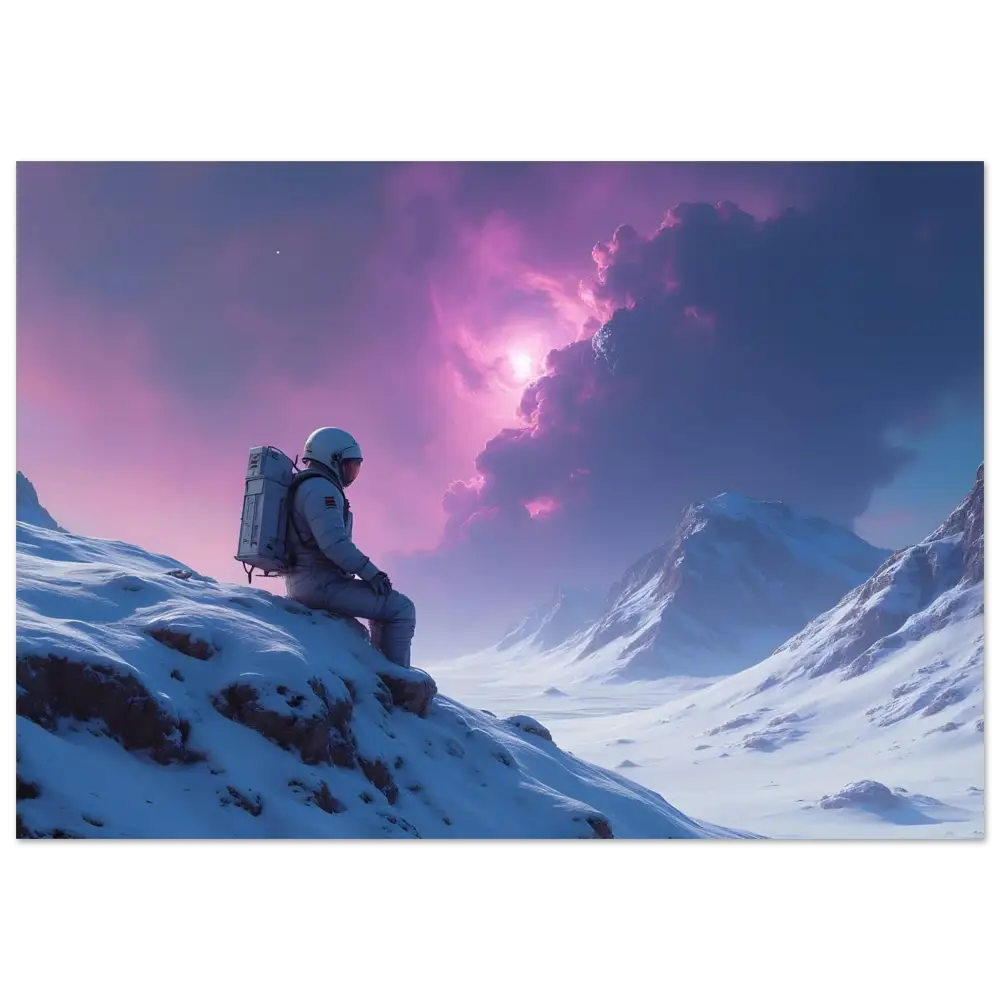 Astronaut sitting on snowy peak displayed on Astronaut Metal Print Void Solitude PixiOnyx